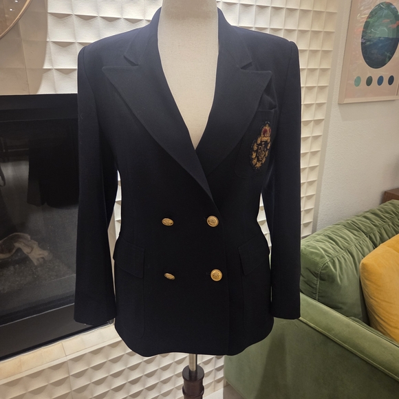 Lauren Ralph Lauren Jackets & Blazers - Vintage Lauren Ralph Lauren Navy Wool Double-Breasted Blazer + Embroidered Crest